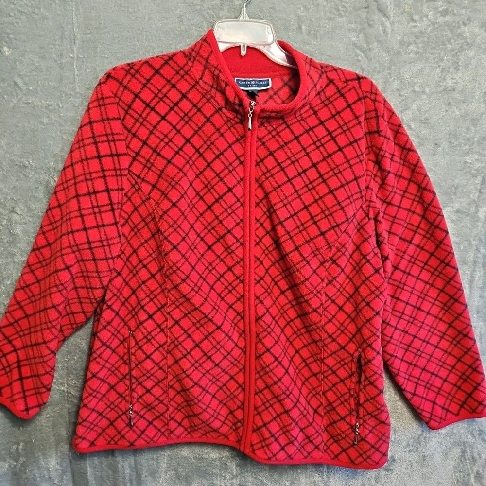 Karen Scott Sport 3x Fleece Zip Jacket red black pockets